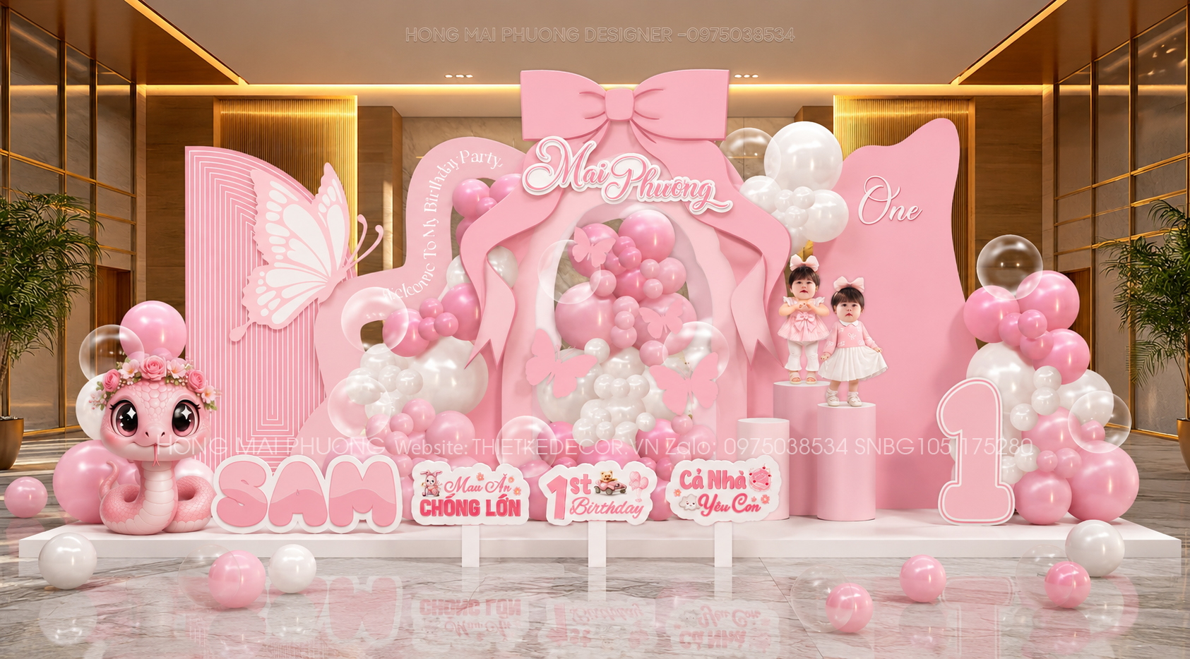 File thiết kế decor trang trí tiệc sinh nhật bé gái mix bong bóng cute dễ thương đáng yêu tone hồng